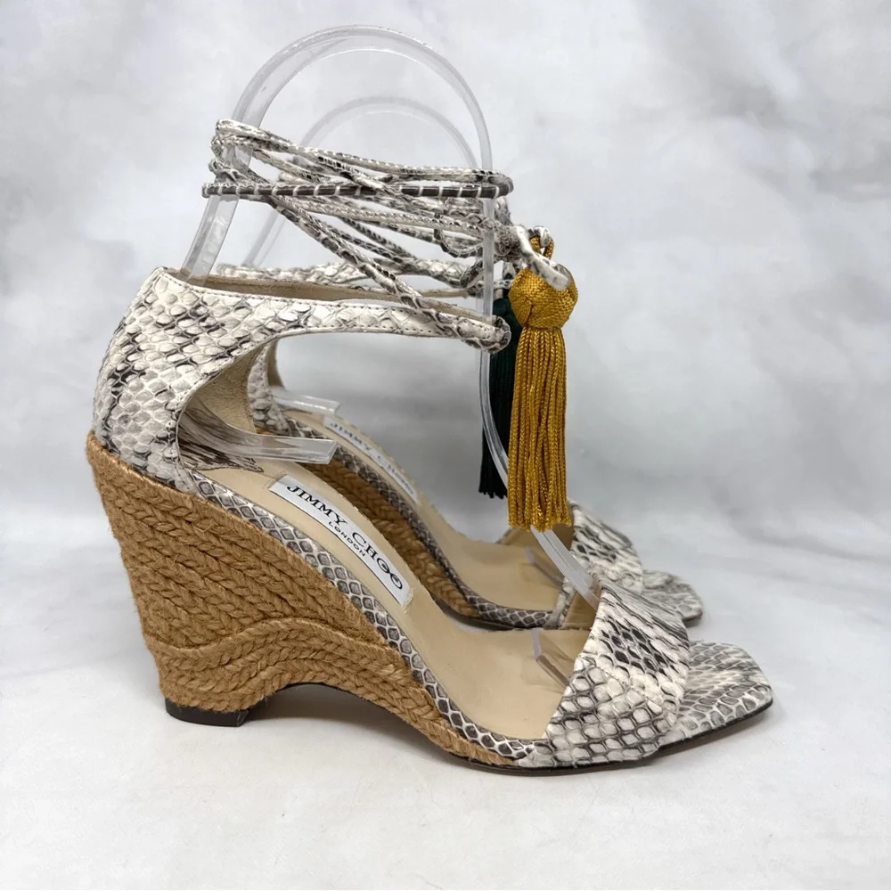 NEW Jimmy Choo Deva 85 Snakeskin Leather Tasseled Ankle Tie Wedge Sandal Heels